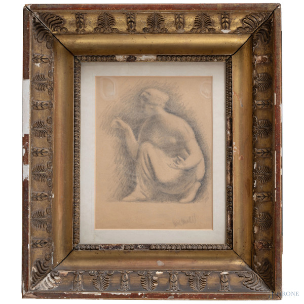 Figura femminile, XX secolo, grafite su carta, cm 26x20,5, firmato in basso a destra, (ondulazioni della carta)