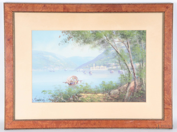 Girolamo Gianni, (1837-1895) , Veduta costiera con barche, XX secolo, tecnica mista su carta, cm 49x32, entro cornice(Lievi tracce di umidità)