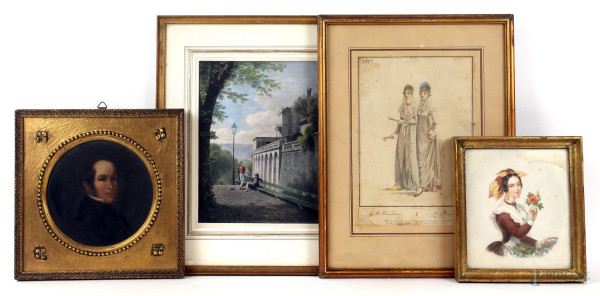 Lotto di quattro stampe raffiguranti ritratti di dame e gentiluomini, misure max cm 22x17, XIX-XX secolo, entro cornici, (difetti).