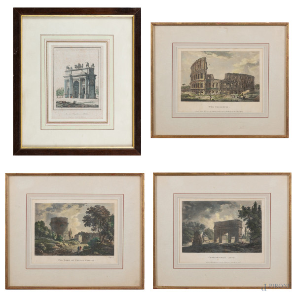 Lotto di quattro stampe, tre raffiguranti monumenti di Roma e uno raffigurante Arco Sempione a Milano, XIX-XX secolo, misure massime cm 31x37 compreso passepartout, entro cornice, (segni di usura, gore, foxing, bruniture, tracce di umidità, difetti)