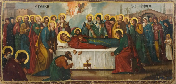 Dormitio Verginis con il miracolo del non credente Jefonia, olio su carta applicata su tela, cm  78,5x165, firmato, (difetti).