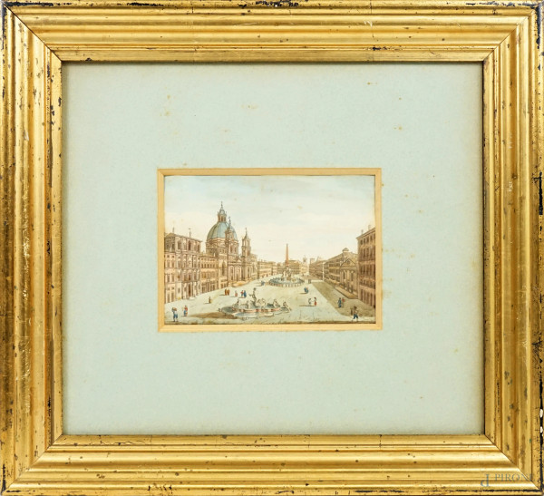 Piazza Navona, stampa acquerellata su carta, cm 32,5x37, fine XIX-inizi XX secolo, entro cornice, (macchie).