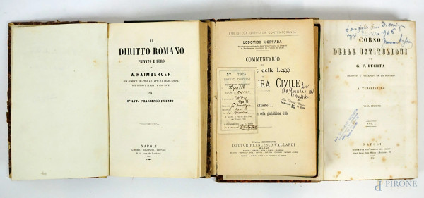 Lotto composto da tre volumi di diritto del XIX secolo, autori diversi, (difetti)