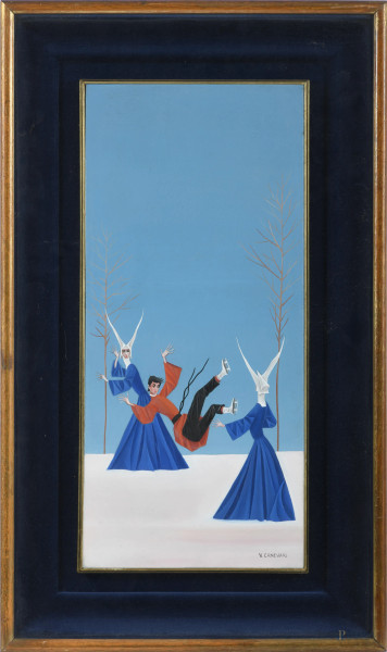 VENIERO CANEVARI ,(Farnese 1926 - Roma 1988), La caduta, cm 44,5x20 entro cornice, olio su compensato, firmato in basso "Canevari", (difetti)