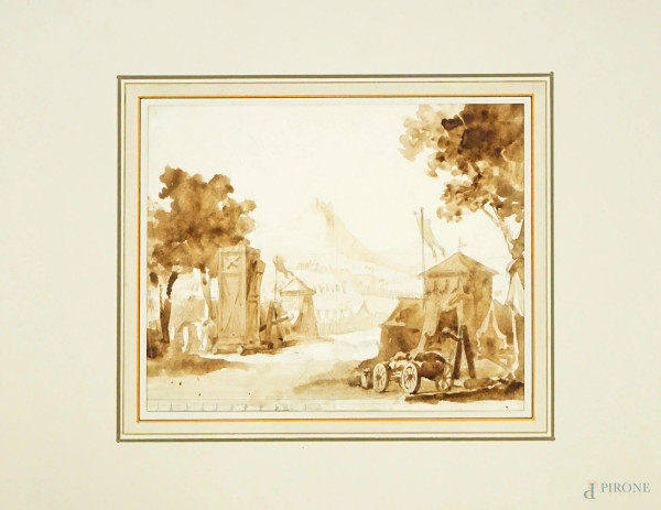 Filippo Peroni (1809–1878), accampamento militare, acquarello su carta, cm 20,5x26