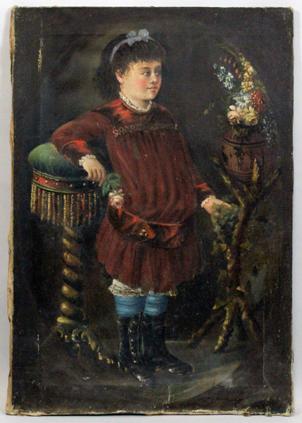 Ritratto di fanciulla, olio su tela, cm 100x70, fine XIX- inizi XX secolo, (difetti alla tela)