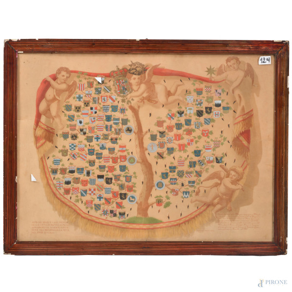Armi dei seggi e case patrizie della città di Napoli ai medesimi ascritte viventi o ritenute tali intorno alla metà del XVIII secolo, XX secolo, stampa su carta, cm 54x74 (difetti, strappi)
