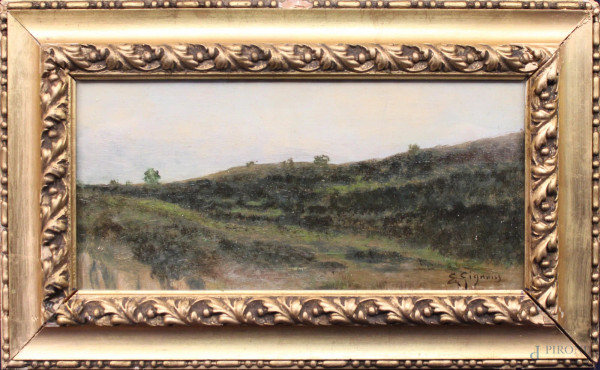 Campagna, olio su tela 16x33 cm, firmato, entro cornice.