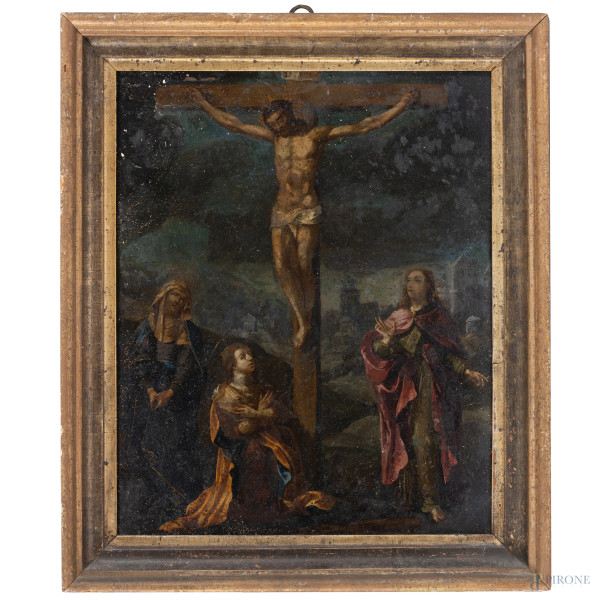 Crocifissione, XVIII secolo, olio su rame, cm 33x27, entro cornice, (ondulazione del supporto, segni di usura)