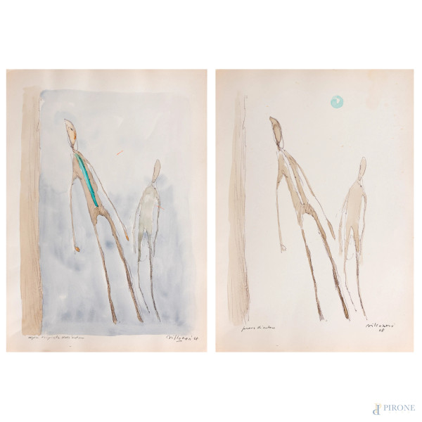 Franco Villoresi - Lotto di due litografie di diverso soggetto e tiratura, cm 50x36, firmate, (segni di usura, bruniture, tracce di umidità, ondulazioni, strappi)
