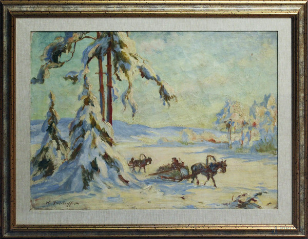 Vadim Dmitrievitch Falileieff - Paesaggio invernale con slitta, dipinto ad olio su tela, cm 60 x 80, entro cornice.