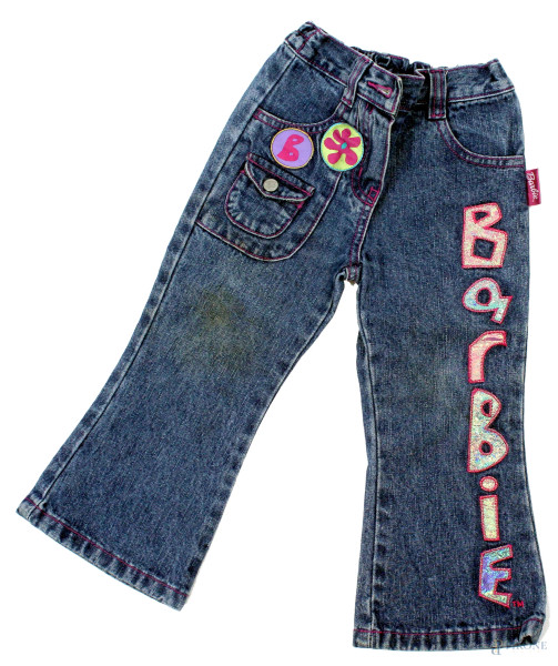Barbie, jeans da bambina con elastico in vita, scritta laterale con paillettes,  cinque tasche e chiusura con bottone, taglia XXS.