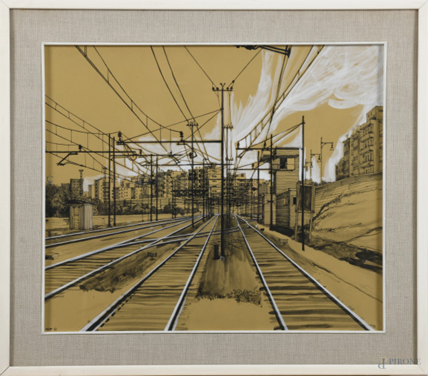 Sulla ferrovia, XX secolo, tecnica mista su carta, cm 47x54 compreso passepartout, firmato e datato 