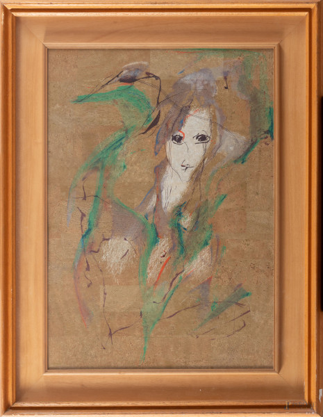 Volto di donna, XX secolo, tecnica mista su carta sughero, cm 70 x 50, firmato, entro cornice, (segni di usura)