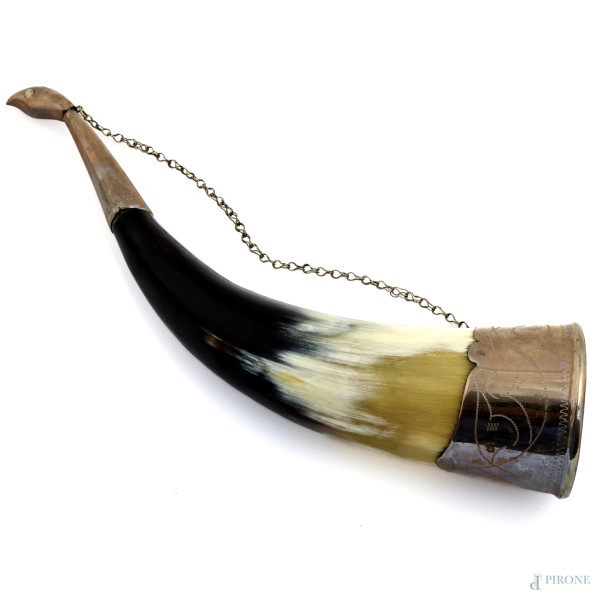 Corno in osso e metallo argentato, lungheza cm 26,5