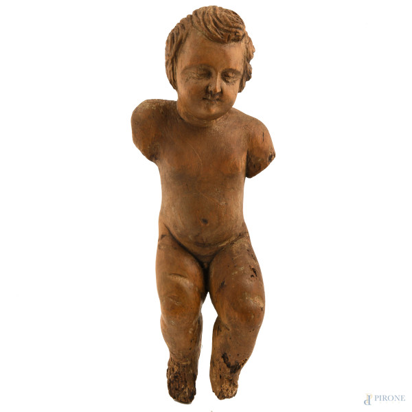 Scultura di putto, XVII-XVIII secolo, legno, cm 40x20, (difetti e mancanze)