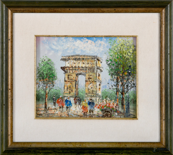 Arco di Trionfo, XX secolo, acrilico su cartone telato, cm 19x23,5 entro cornice, firmato in basso a sinistra