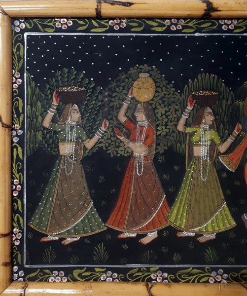 Processione con fanciulle, dipinto di arte asiatica della seconda metà del XX sec., tecnica mista...