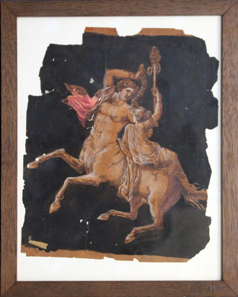 Centauro, frammento a tecnica mista su carta 25x20 cm, XIX sec, entro cornice.