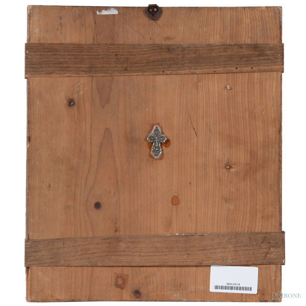 Icona raffigurante tre santi e Cristo in apparizione, XIX secolo, cm 35,5x30,5, (scalfiture, cadu...