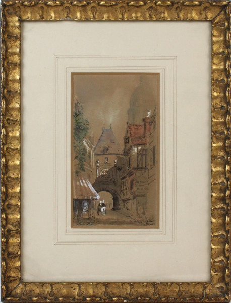 Rue de la Grosse Horloge Rouen, tecnica mista su carta, cm. 22x12, firmato A. Vianelli, entro cornice.