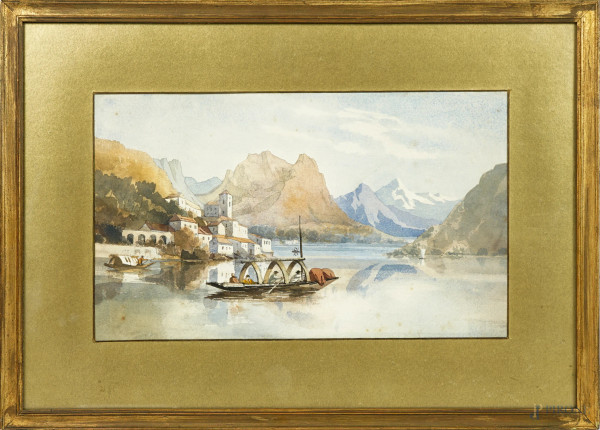 Veduta del Lago di Como,  acquarello su carta, cm 21.5x36.5, fine XIX - inizi del XX secolo, entro cornice, (piccole macchie sulla carta)