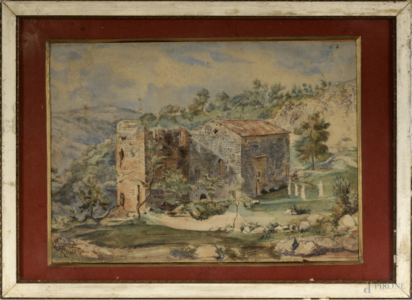 Rovine nella campagna romana, XIX secolo, acquerello  su carta, firmato e iscritto "Roma" in basso a sinistra cm 30x40 entro cornice, (difetti)