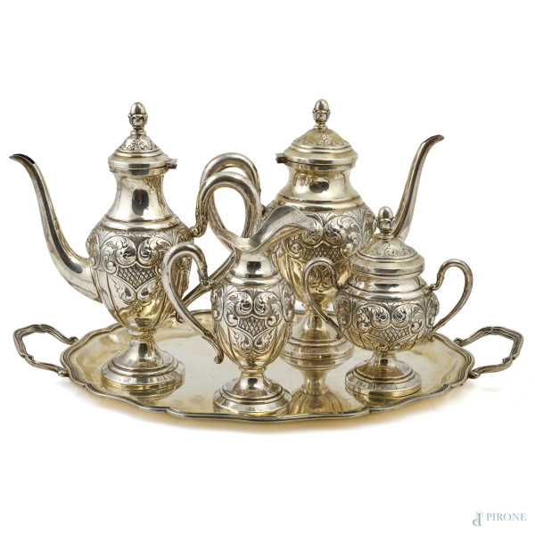 Servizio da the e caffè in argento, misure massime cm 48,5x29, peso complessivo gr 2250