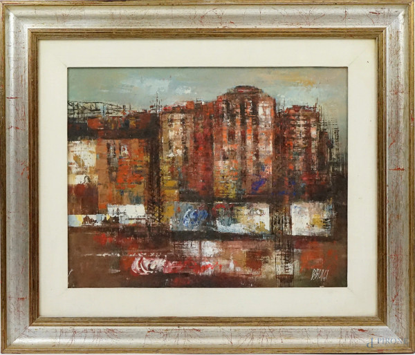 Scorcio di città, olio su tela, cm 40x50, firmato Bruno Biagi, entro cornice.