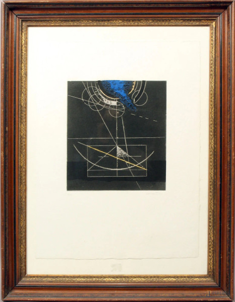 Walter Valentini - Le misure e il cielo, calcografia ritoccata a mano (numero X/XX) cm. 48,5x67, entro cornice.