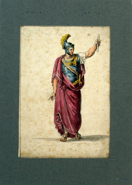 Soldato romano, tecnica mista su carta, cm 25x17, XIX secolo, (macchie).