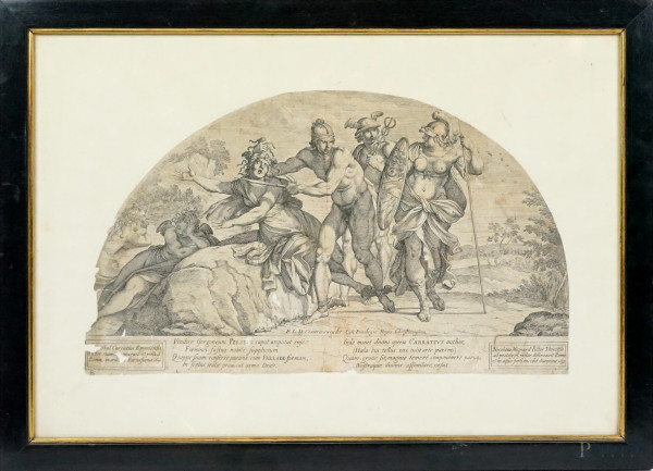 Perseo uccide Medusa, antica incisione a forma di lunetta da Annibale Carracci,  incisore, Nicolas Mignard (1606 - 1668, cm 24x42,5, entro cornice, (difetti e restauri)