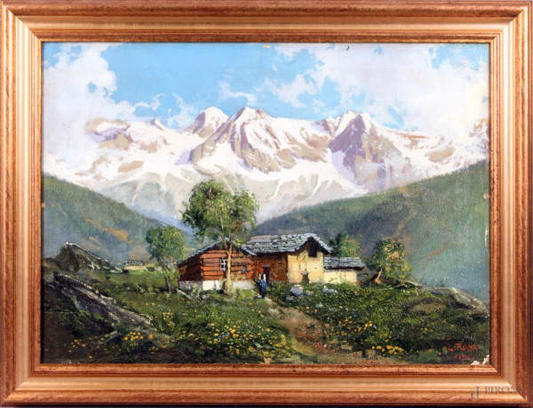 Paesaggio montano, olio su tela, cm. 50,5x70, firmato, entro cornice.