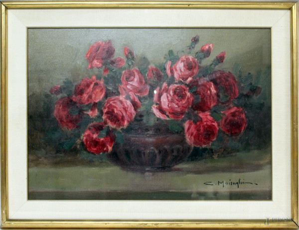 Natura morta, Vaso con rose, olio su tela, cm 49x68, firmato, entro cornice.