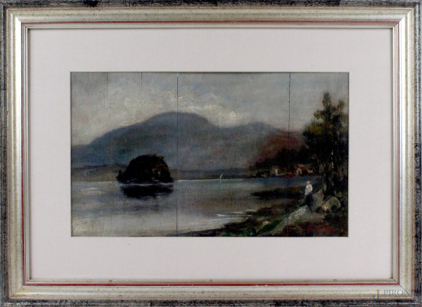 Paesaggio montano con lago, olio su tavoletta, cm 20x32, firma illegibile in basso a destra, entro cornice