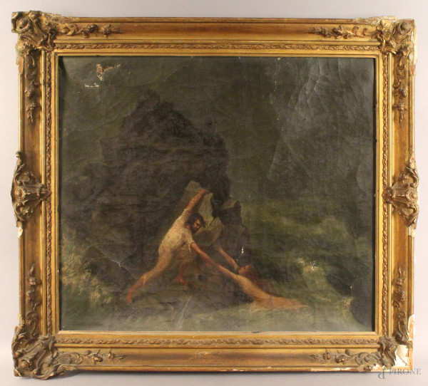 Naufragio, olio su tela, cm. 42x49, XIX sec, entro cornice.