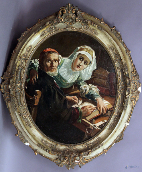 Interno con figure, dipinto ad assetto ovale ad olio su tela riportato su tavola, cm 44x54, entro cornice con particolari intagliati, XIX sec.
