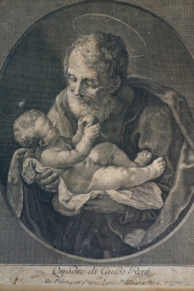 San Giuseppe con Bambinello, incisione, cm 38x28,5, inventore Guido Reni (1575-1642), disegnatore Lorenzo Lorenzi (1724-1787), incisore Antonio Baratti (notizie 1750-1760), entro cornice, (difetti).