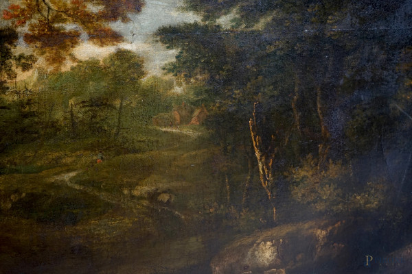 Pittore fiammingo-olandese della fine del XVIII secolo, Paesaggio con pastore e armenti, olio su ...