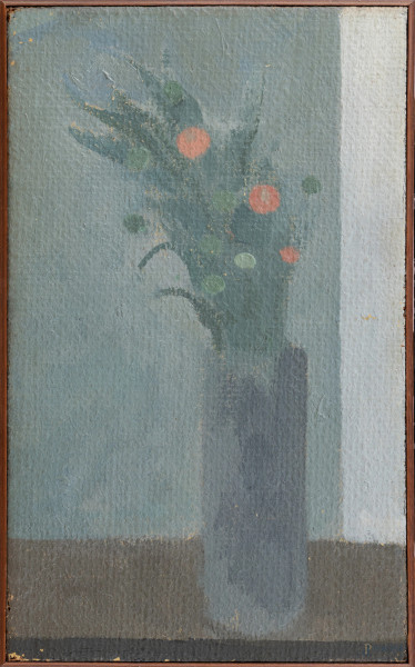 Vaso di fiori, XX secolo, tecnica mista su tela, cm 40x24, (segni di usura, ondulazioni della tela, abrasioni)