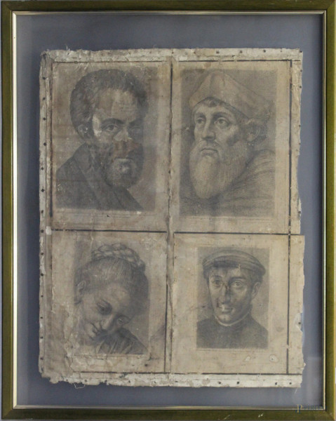 Lotto composto da quattro incisioni raffiguranti personaggi storici, XVII sec., cm 80 x 65, entro unica cornice.