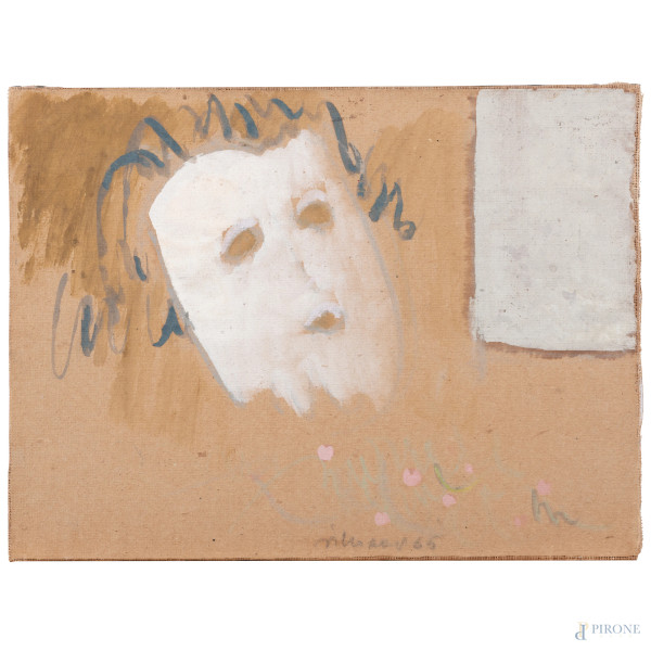 Maschera, tecnica mista su carta applicata su tela, cm 29x38, firmato e datato 