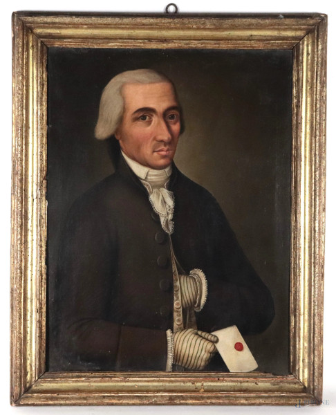 Ritratto di nobiluomo con lettera, XIX secolo, olio su tela, cm 64x51, entro cornice, (segni di usura, abrasioni)