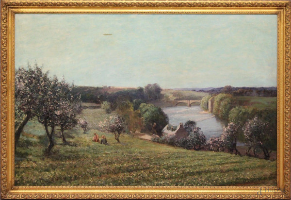 Paesaggio fluviale con fanciulla, olio su tela, cm 100 x 150, firmato, entro cornice.