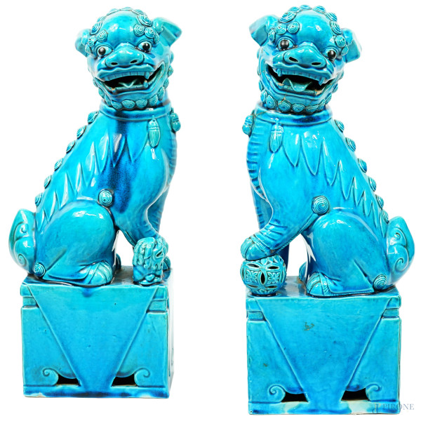 Coppia di Cani di Phoo in maiolica smalatata azzurra, cm h 43x16x10, Cina, XX secolo,  (difetti e restauri)