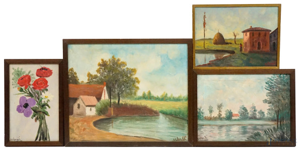 Lotto di quattro dipinti ad olio su tela e compensato raffiguranti soggetti diversi, misure max cm 40x50 , firmati, entro cornici, (difetti).