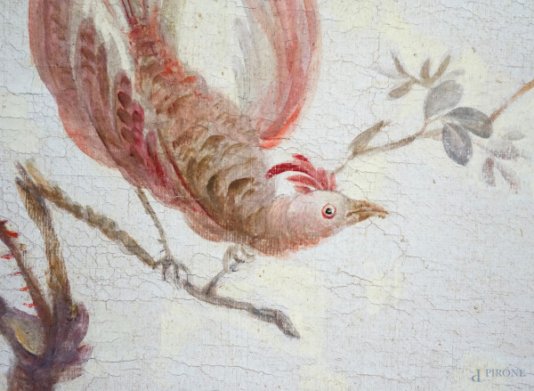 Coppia di pannelli decorati a chinoserie, con piante e volatili, fine XIX-inizi XX secolo, olio s...
