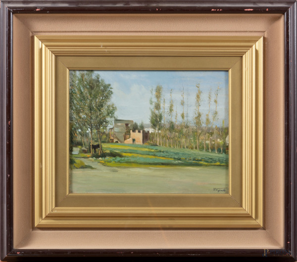Scorcio di campagna, XX secolo, olio su compensato, cm 25x33, firmato in basso a destra, entro cornice