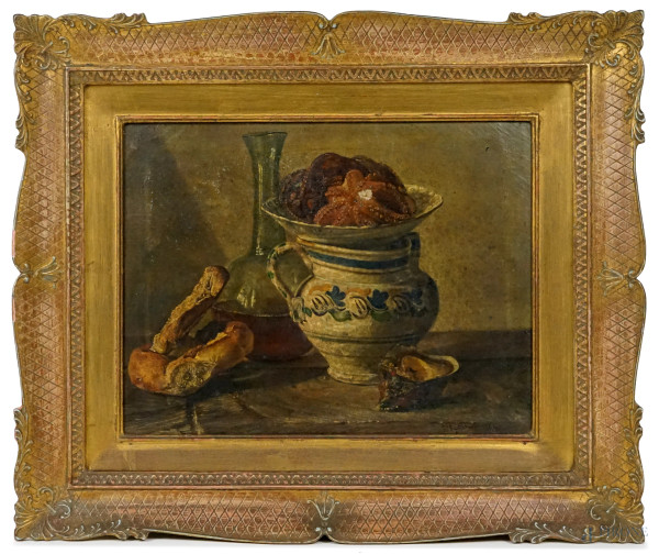 Gennaro Guglielmi - Natura morta - polipi, ostrica e vasellame, olio su tela, cm 30x40, entro cornice, (difetti).
