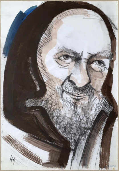 San Pio da Pietralcina, disegno a tecnica mista su carta, cm 30x42, siglato